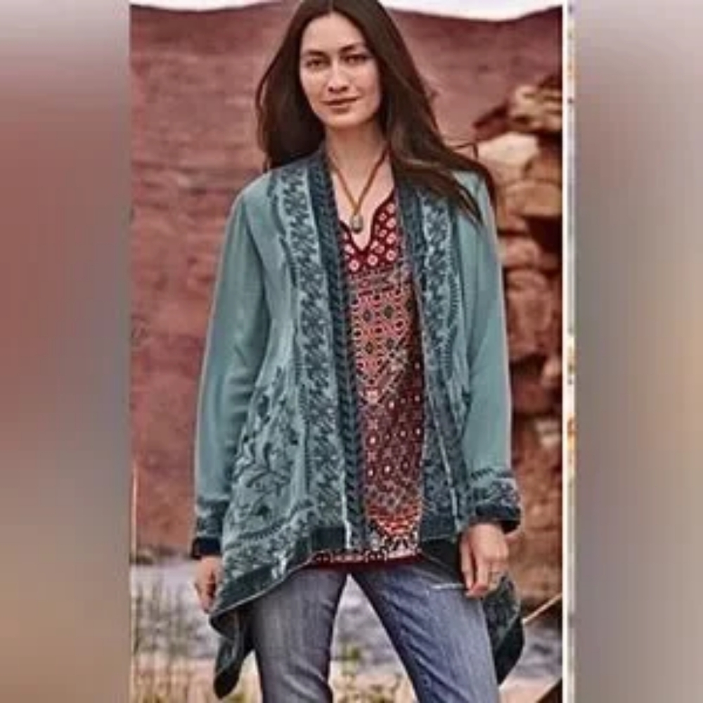 Sundance Left Bank Velvet Cardigan in Dark Teal  Reversible  Floral Embroidered